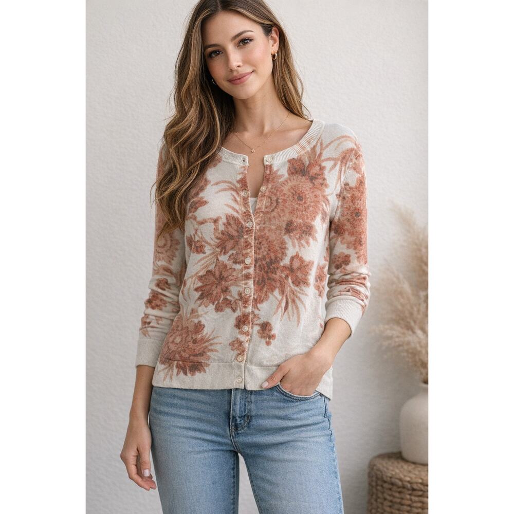 Talbots Floral Button Up Sweater Womens XL Cream Pink  Lightweight Cottagecore